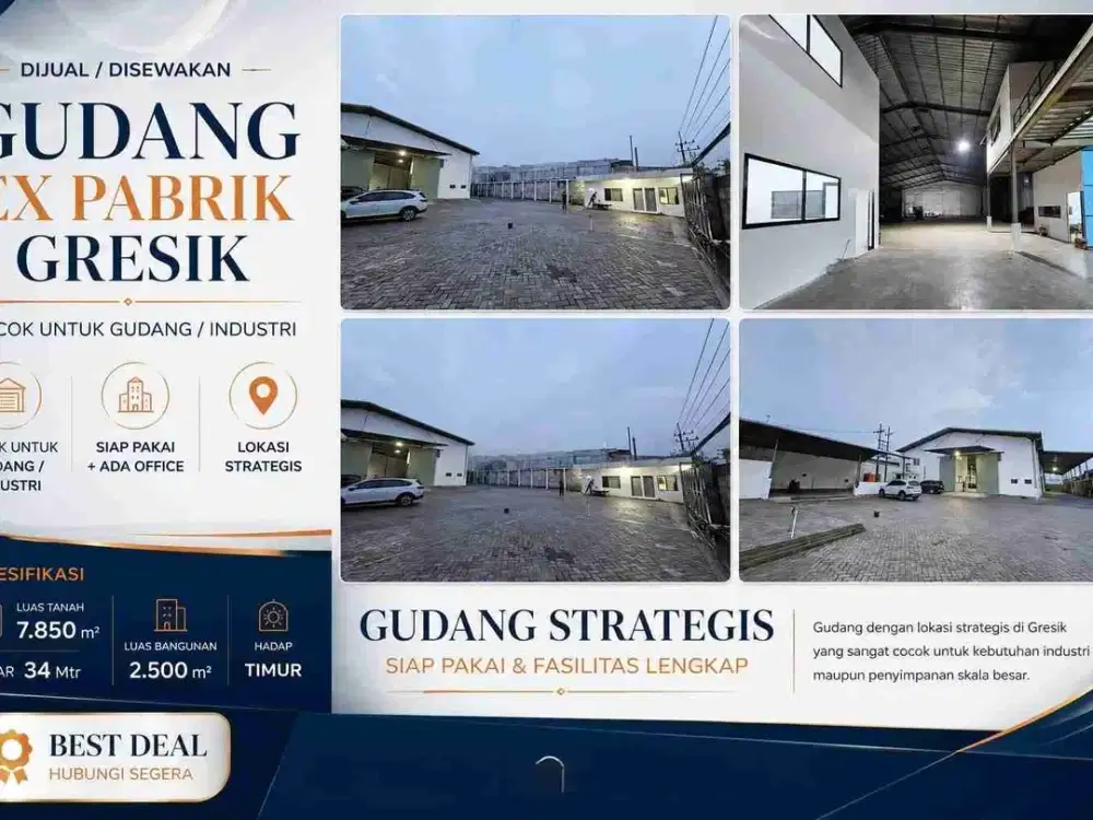 Di Jual / Sewakan Gudang EX Pabrik Siap Pakai Di Gresik

COCOK utk GUDANG/ INDUSTRI
SIAP PAKAI + ADA OFFICE

LT 7.850 m² 
Lebar 34Mtr
LB 2.500m²
Hadap Timur

Rent Rp 1.25M/th NEGO
Sell Rp 39.5M Nego

Best Deal