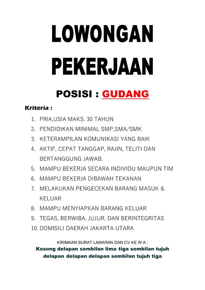 LOWONGAN KERJA - GUDANG