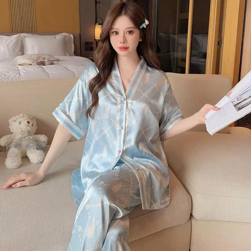 Baju Tidur Piyama Satin Blue Lengan Pendek Celana Panjang