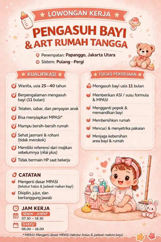 Lowongan ART Momong Anak dan Beberes Rumah