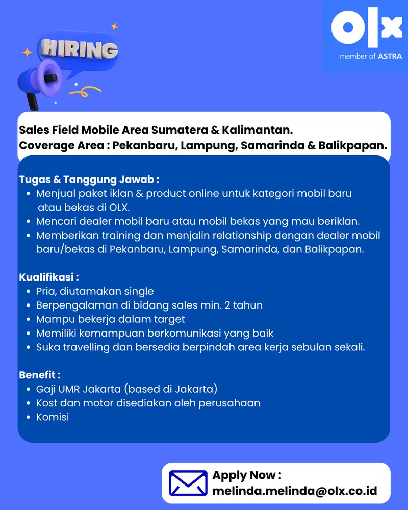 Lowongan Kerja Sales Field Mobile Area Sumatera & Kalimantan