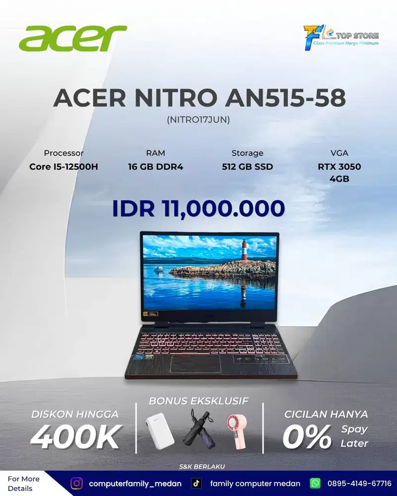 ACER NITRO 5 AN51-58 INTEL CORE I5-12500H RAM 16GB SSD 512 GB RTX 3050