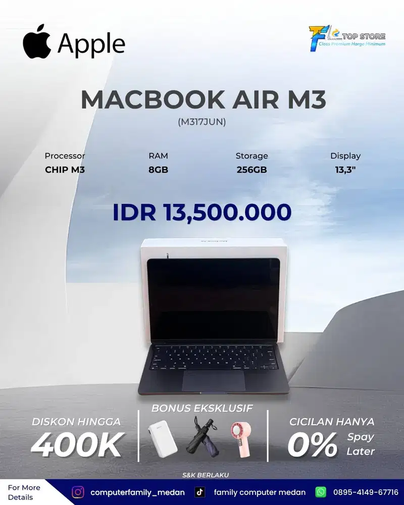 LAPTOP MACBOOK AIR M3 FULLSET RAM 8GB SSD 256GB LENGKAP KOTAK |