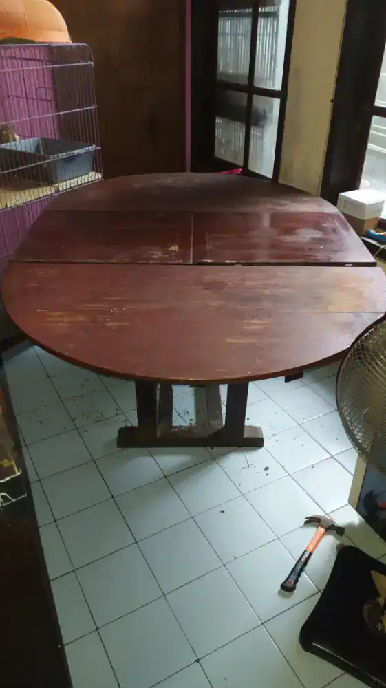 Meja Jati Kuno Vintage Klasik P=170 Cm Bisa Dikecilkan Diameter 120 Cm