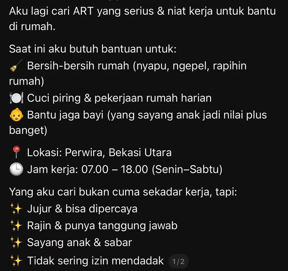 Dibutuhkan ART Serabutan + Momong