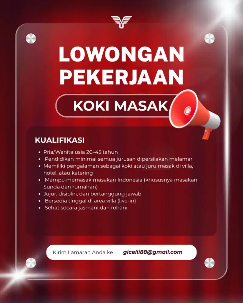 DICARI KOKI MASAK UNTUK DI VILLA - LOWONGAN JURU MASAK CATRING
