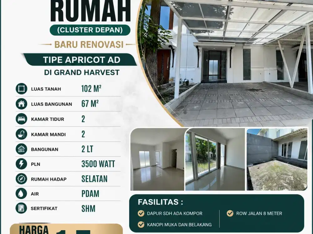 2 LANTAI – LUAS TANAH 102M2!! DIJUAL RUMAH (CLUSTER DEPAN) BARU RENOVASI - DI GRAND HARVEST – WIYUNG SURABAYA