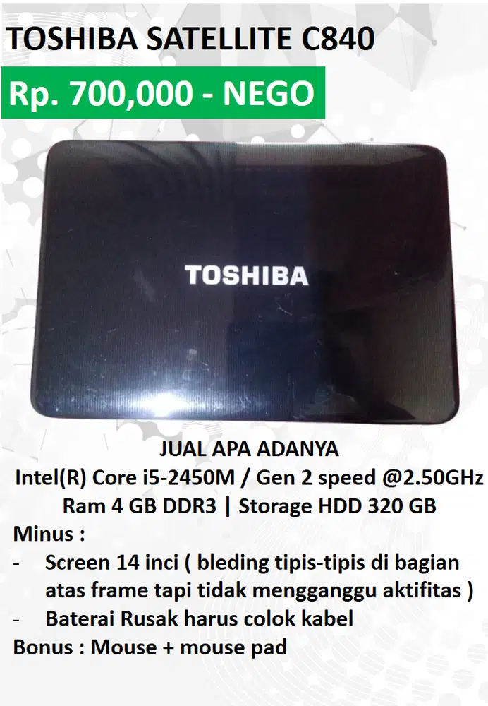 Jual apa adanya Laptop Toshiba Satellite c840 Intel core i5 gen 2