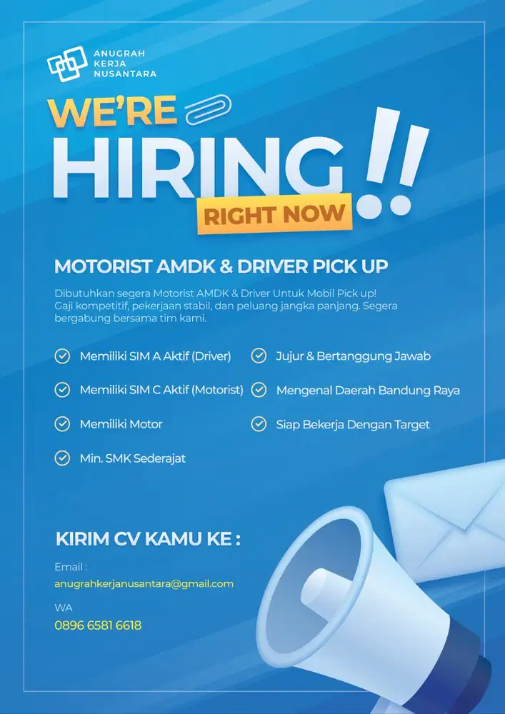 DIBUTUHKAN SEGERA MONORIST UNTUK AMDK DAN DRIVER UNTUK PICK UP