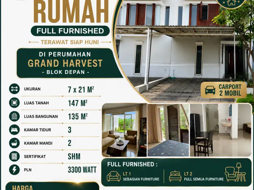 LUAS TANAH 147 M2 – BERADA DI BLOK DEPAN + FULL FURNISHED!! RUMAH 2 LANTAI SIAP HUNI DI GRAND HARVEST WIYUNG SURABAYA BARAT