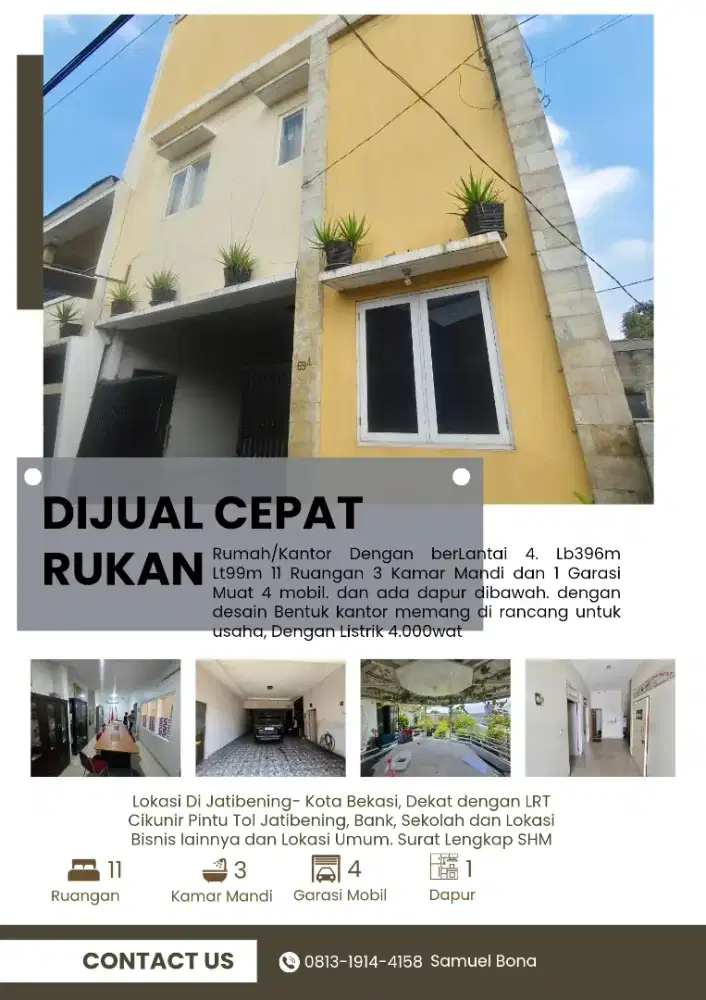 Dijual Rumah/Kantor 4 Lantai Lt100 Lb396 Lokasi Bekasi Jatibening