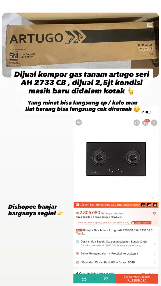 Kompor gas tanam artugo AH 2733 CB
