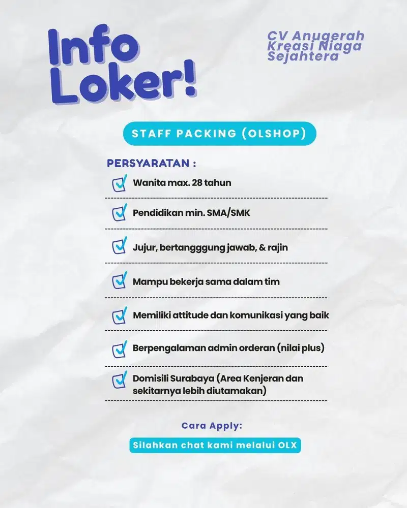 Lowongan Packing dan Gudang (Olshop Serabutan)