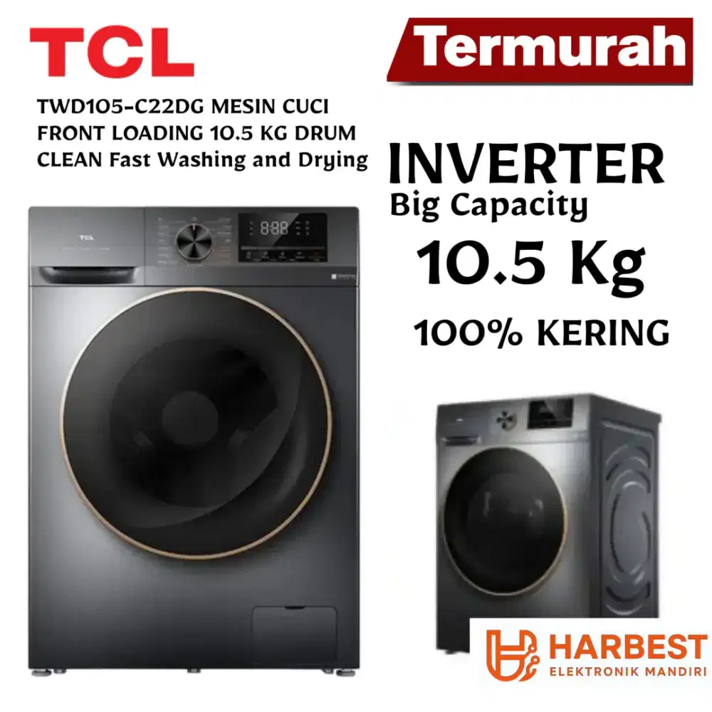 TCL Front Loading INVERTER 100% KERING 10.5 Kg TWD105-C22DG DRUM CLEAN