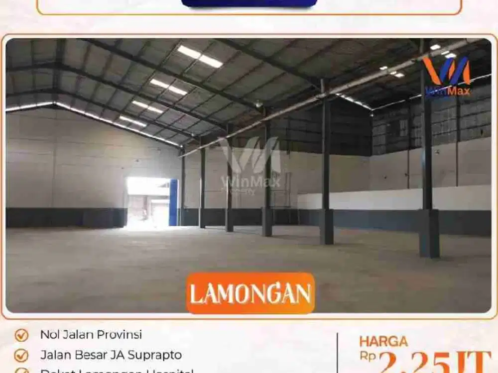 Di Jual Pabrik+Tanah + Gudang Siap Pakai Di Pusat Kota Lamongan

LT: 2 Ha (lebar 75 meter) 
Di sertifikat 16.600m²
LB: 2000 + 3500
Hadap Utara
SHM
 Nol jalan Provinsi 
 Jalan Besar JA Suprapto
 Dekat Lamongan Hospital
 Dekat Univ Muhammadyah
 Dekat Hotel
