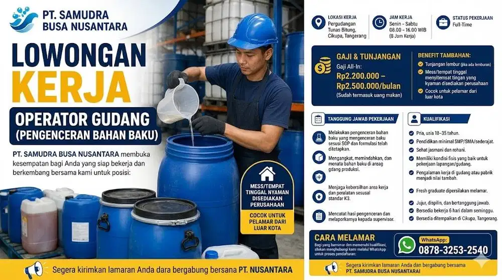LOWONGAN KERJA – OPERATOR GUDANG (PENGENCERAN BAHAN BAKU)