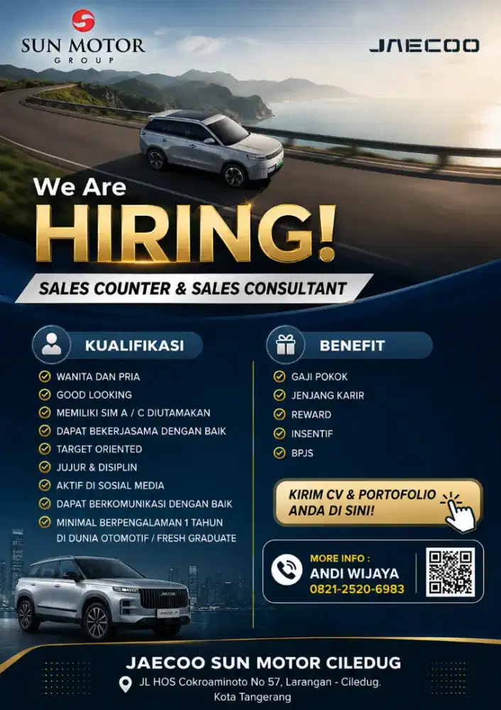 We are Hiring, Sales Counter dan Sales Consultant Mobil Jaecoo