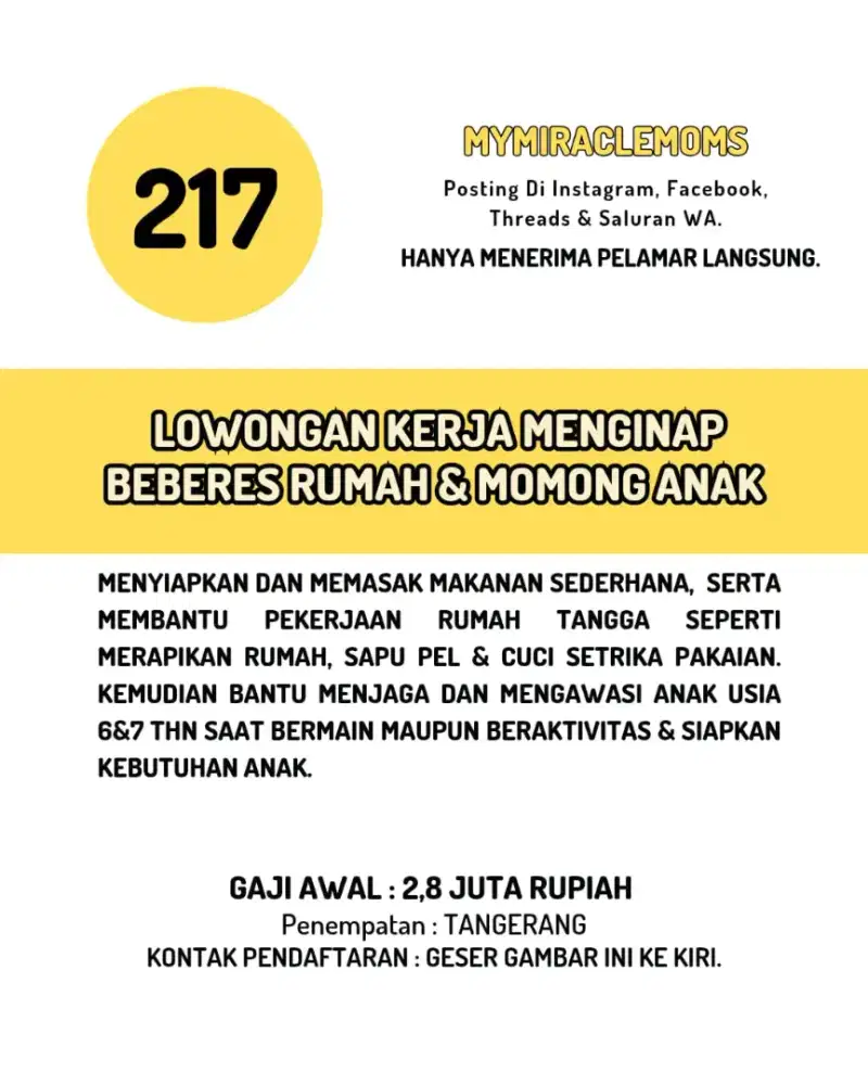 Dibutuhkan Asisten rumah tangga menginap
