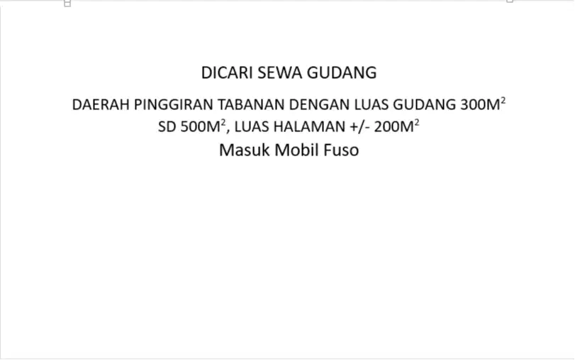 DICARI SEWA GUDANG DI PINGGIRAN TABANAN
