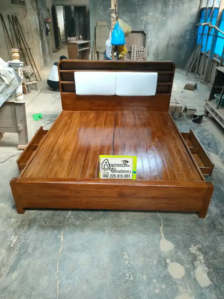 Tempat tidur minimalis laci full kayu jati