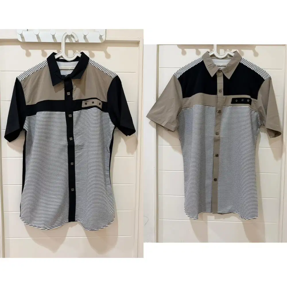 kemeja import salur stripes pria lengan pendek merk NXNITROX Navy