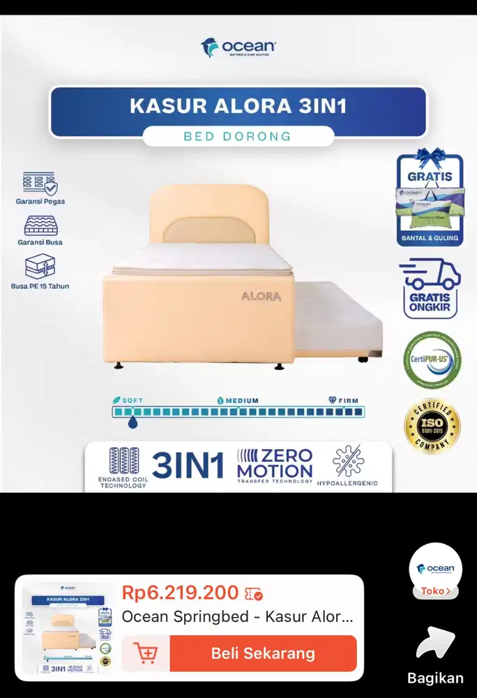 DIJUAL Spring Bed Merk Ocean, premium spring bed 2 kasur atas bawah