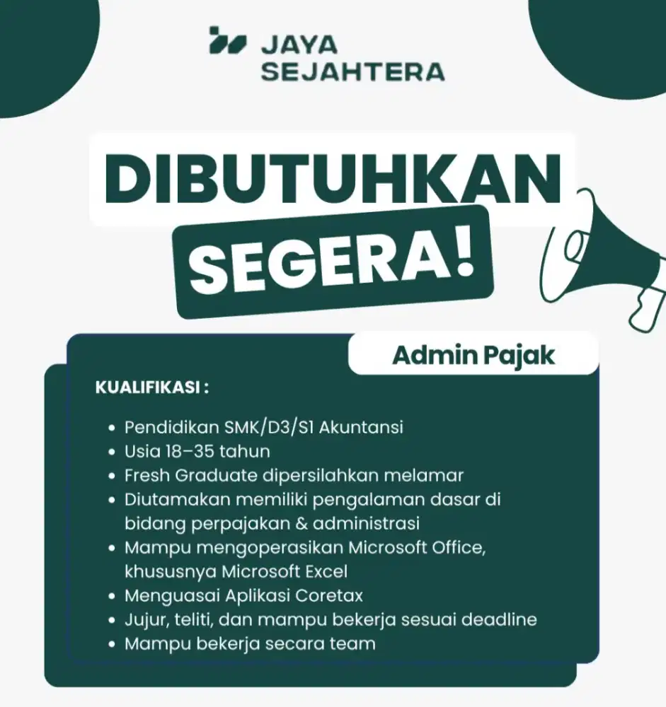 Di Butuhkan Segera Admin Pajak
