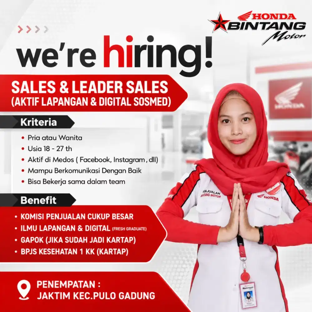 LOWONGAN SALES & LEADER TRAINING SALES HINDA MOTOR PULOGADUNG