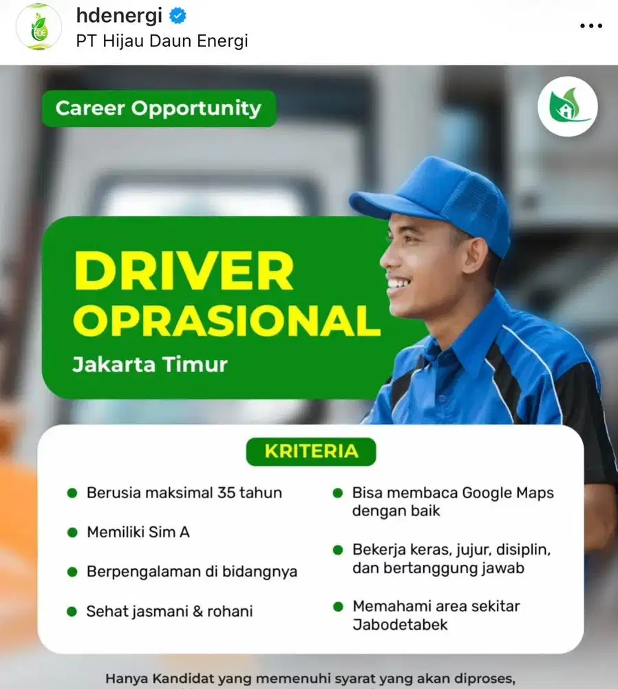 Lowongan kerja Daily Worker, Di utamakan bisa nyetir