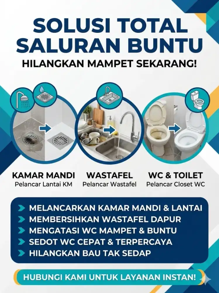 Jasa lancarkan saluran air Mampet/tersumbat,kamarmandi,wastafel,WC dll