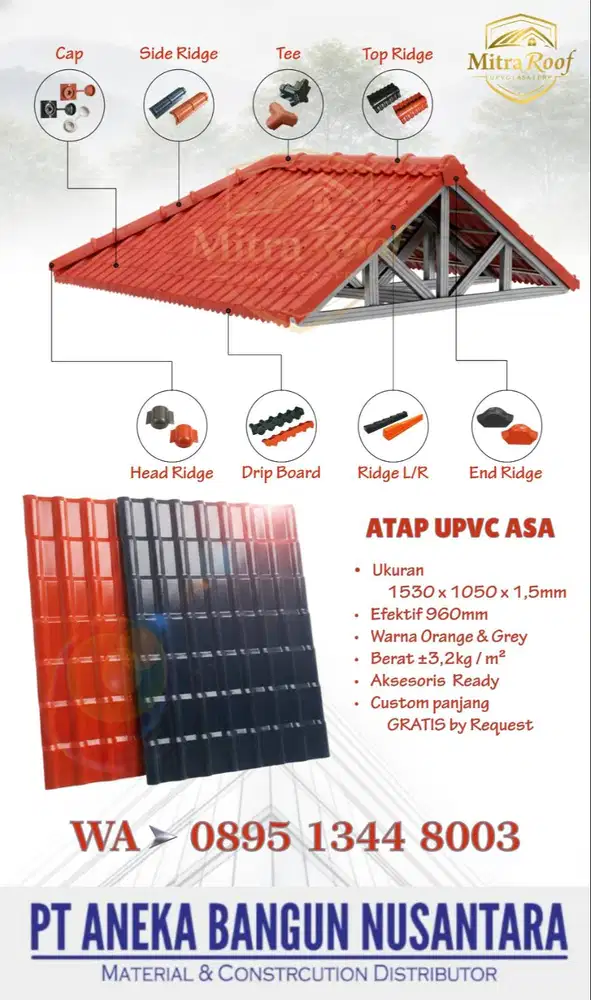 Atap UPVC Per Meter Tebal 1.5mm Lebar 1M Anti Bocor - Orange/Abu