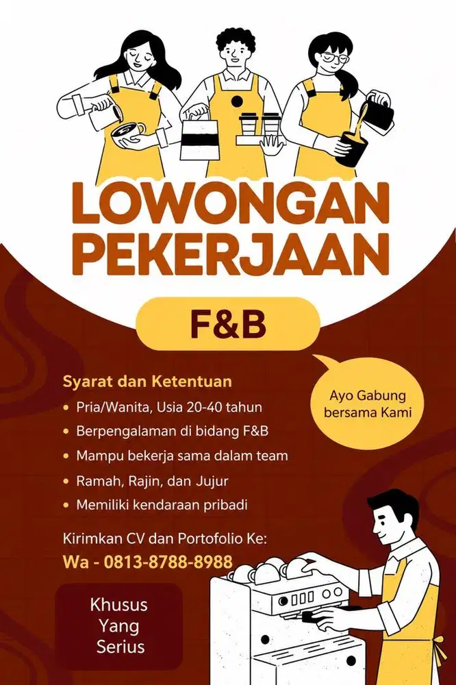 Lowongan Kerja F&B Fast Food Operator / Waiters / Bartender / kasir