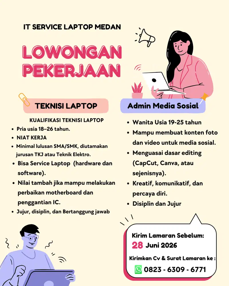 LOWONGAN KERJA ADMIN DAN TEKNISI TOKO SERVICE LAPTOP