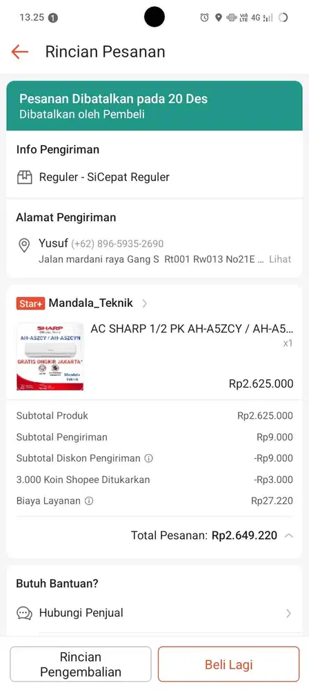 Jual ac sharp 1/2 pk