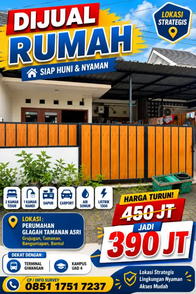 Dijual rumah tipe 45, perumahan Glagah Tamanan Asri