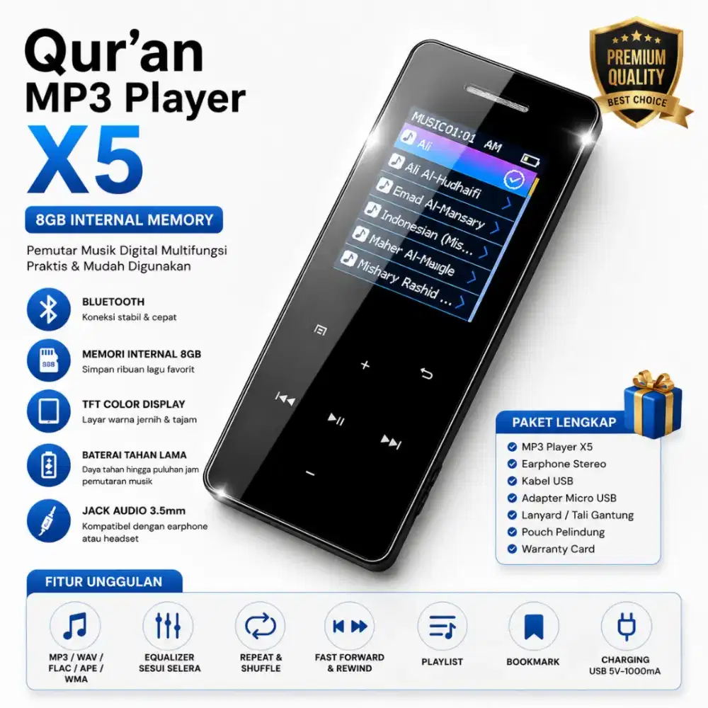Qur'an MP3 Player X5 Murattal 30 Juz • Bluetooth • MP4 Video • 8GB