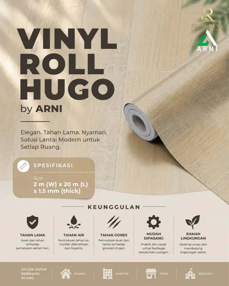 Karpet Vinyl Roll Hugo by ARNI Lantai Kayu 2m x 20m Tebal 1.5mm Premiu