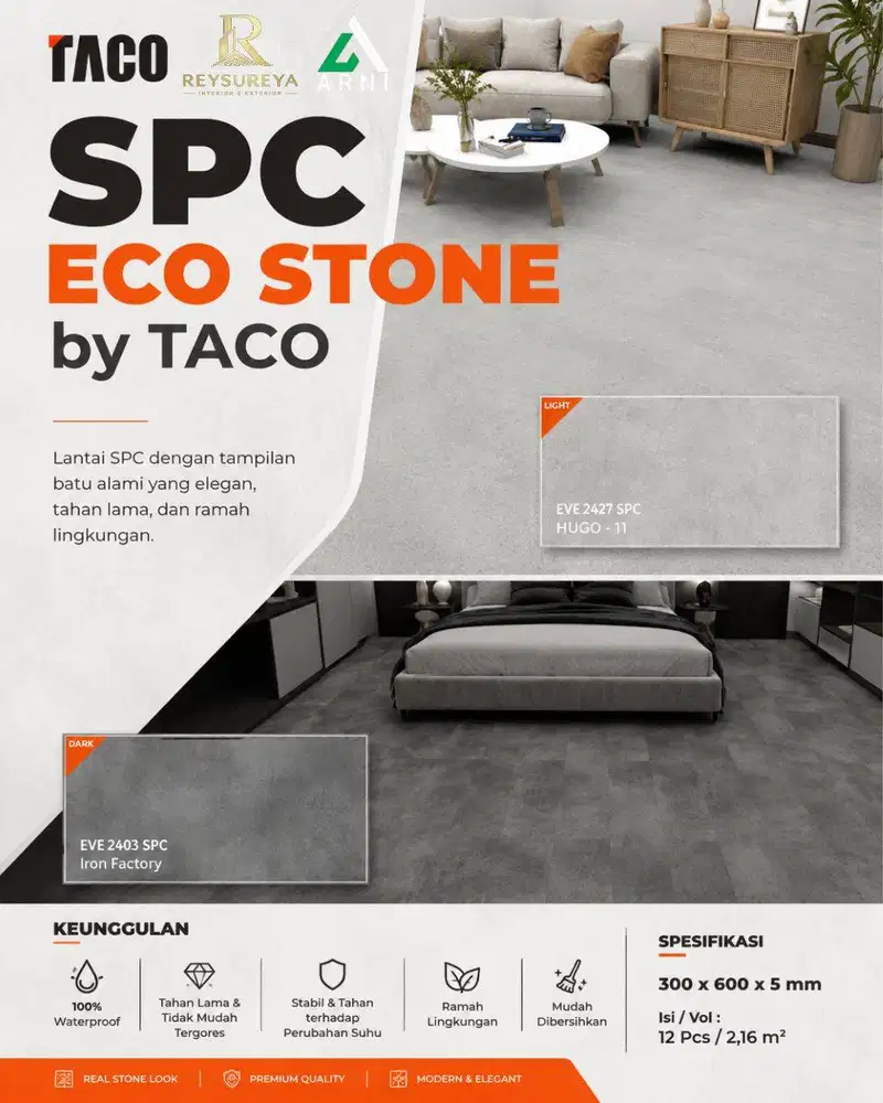 Lantai SPC TACO Eco Stone 5mm Motif Batu Alam Anti Air Per Box 2.16m2/