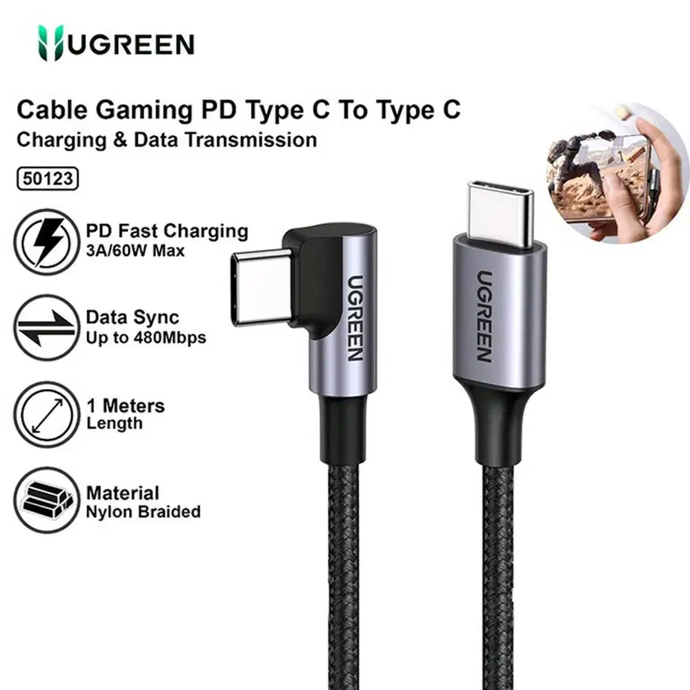 UGREEN Data Cable Type-C to Type-C Gaming Nylon Braided 60W 1M - 50123