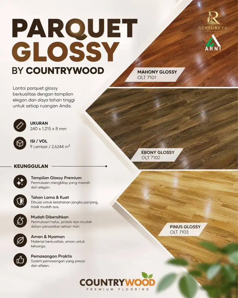 Lantai Parquet Glossy Countrywood 8mm Lantai Kayu Parket Premium Per B