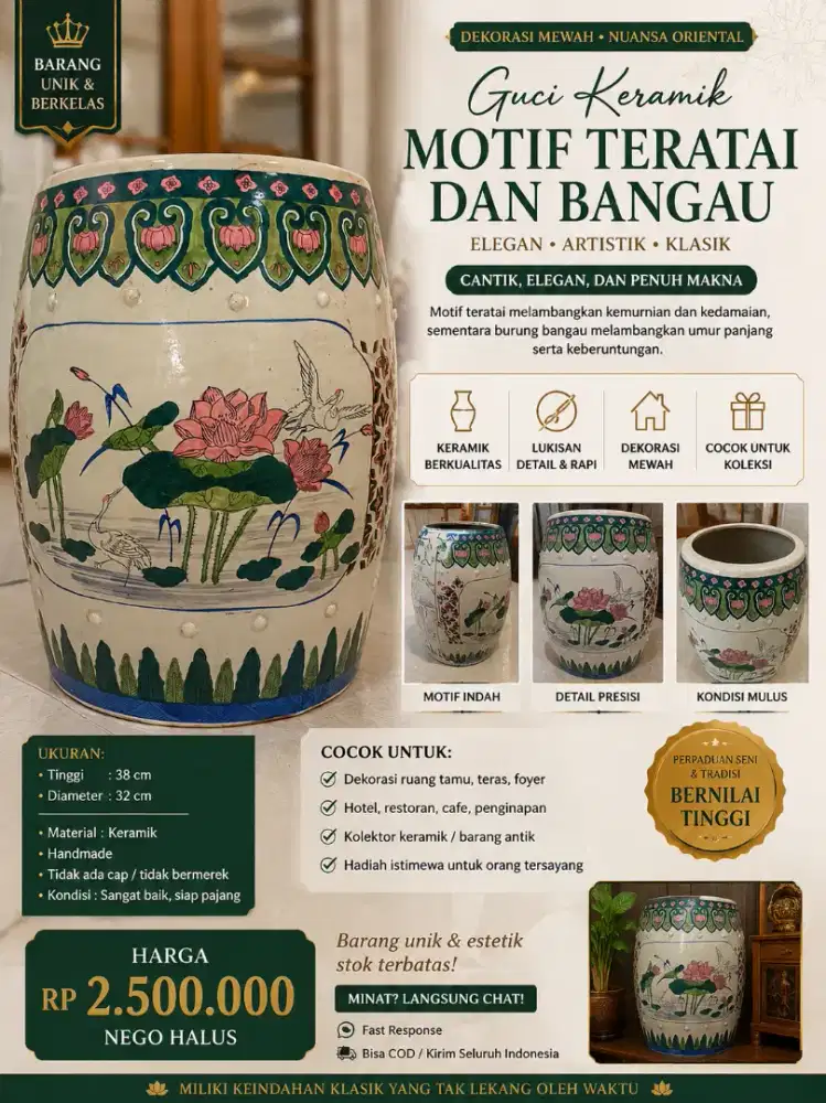 Guci Keramik Motif Teratai & Bangau – Elegan dan Artistik