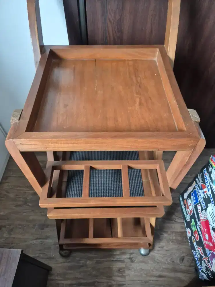 Meja Trolley Kayu Jati Solid Vintage + Roda | Multifungsi