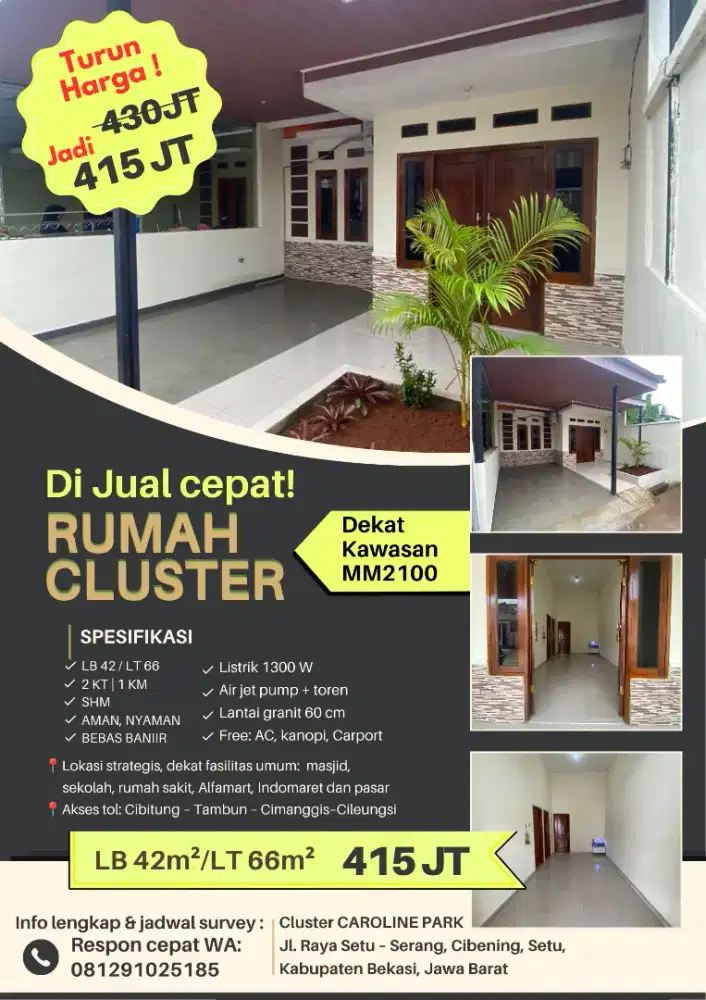 RUMAH MURAH SETU BEKASI SHM CLUSTER CAROLINE PARK 415 JT DEKAT MM2100