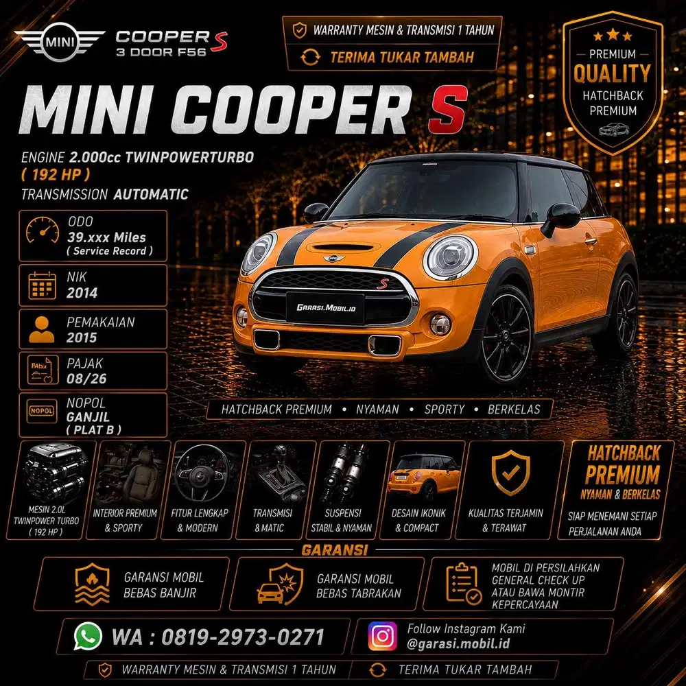 Mini Cooper S 3 Door F56 2.0 2014 / 2015