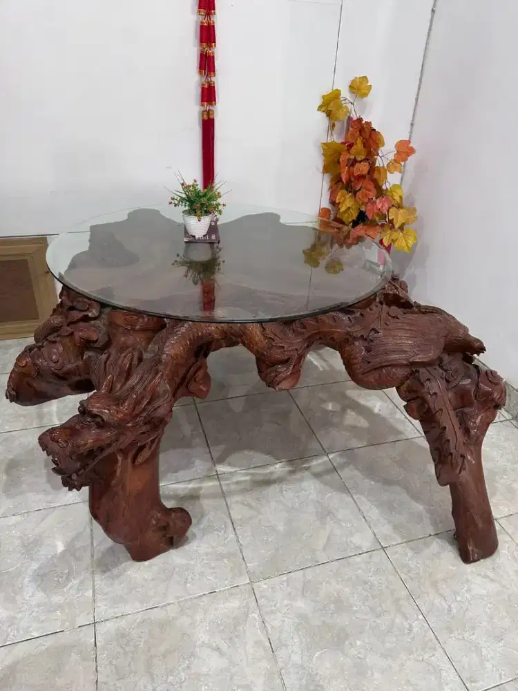 Meja kayu jati kaca bentuk naga