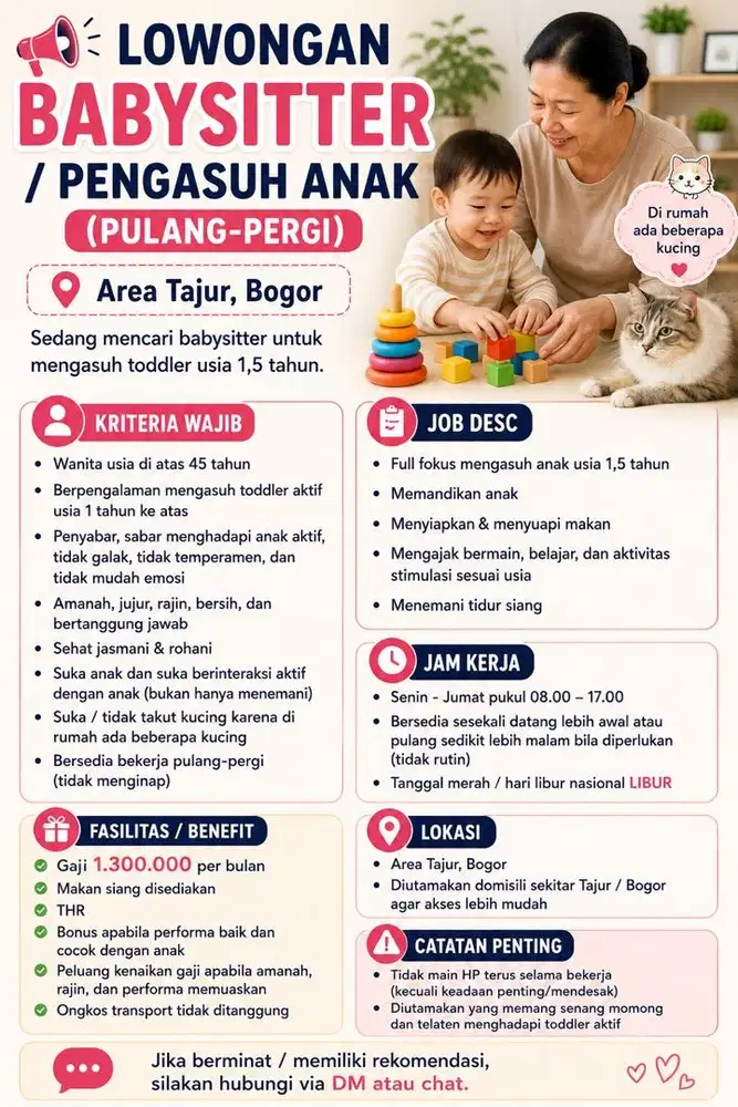 LOWONGAN BABYSITTER / PENGASUH ANAK (PULANG-PERGI) - area Tajur, Bogor