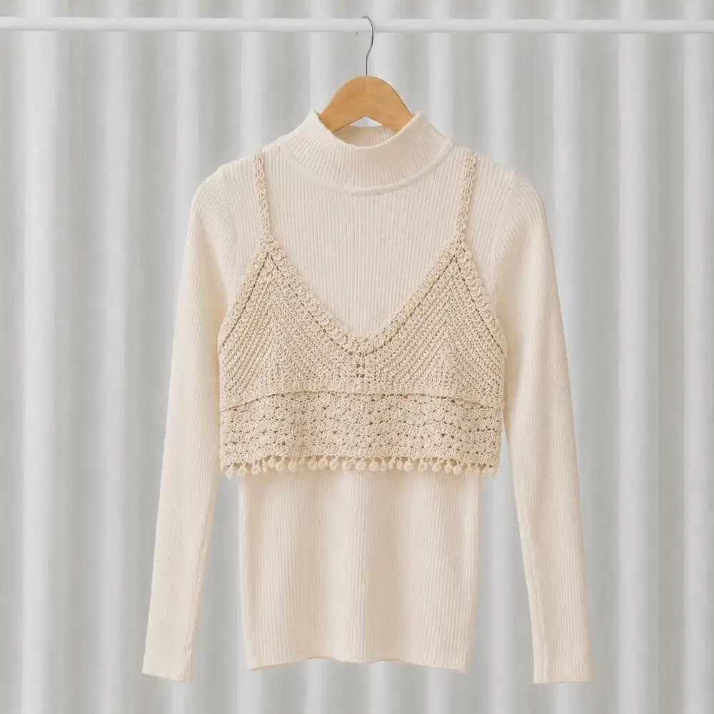 One Set - Long Sleeves Knit with Crochet Vest | Atasan Wanita