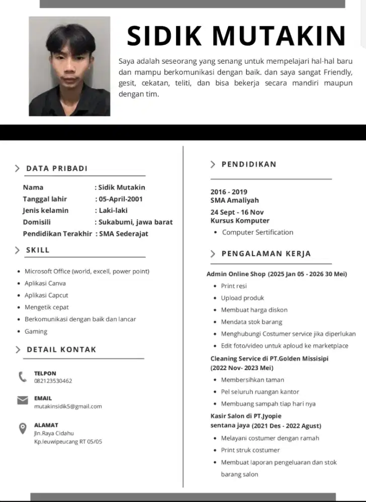 Admin atau kasir dan kerja apa saja