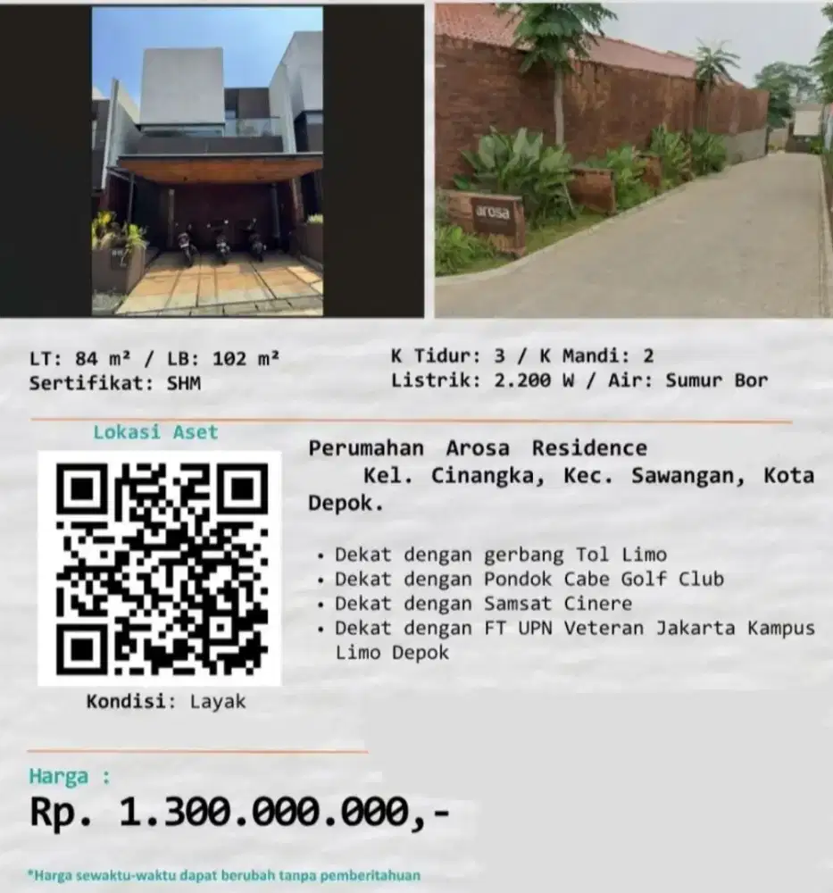 Dijual Rumah 2 Lantai Perumahan Arosa Residence Sawangan Depok
