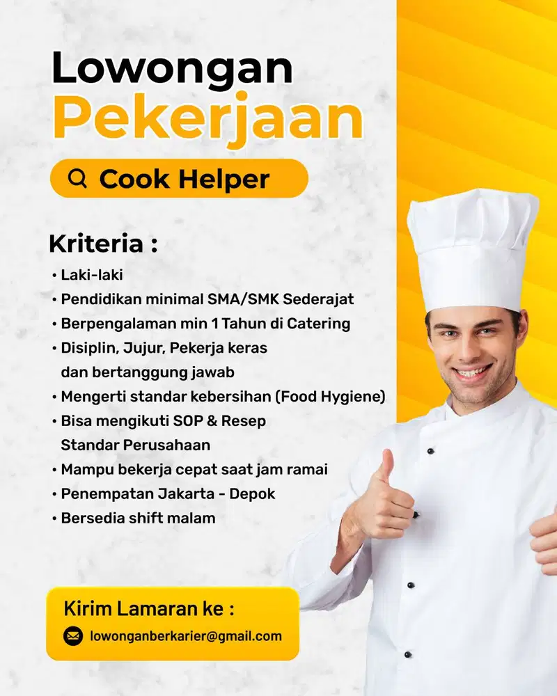 Cook Helper Untuk Wilayah Depok dan Jakarta Selatan